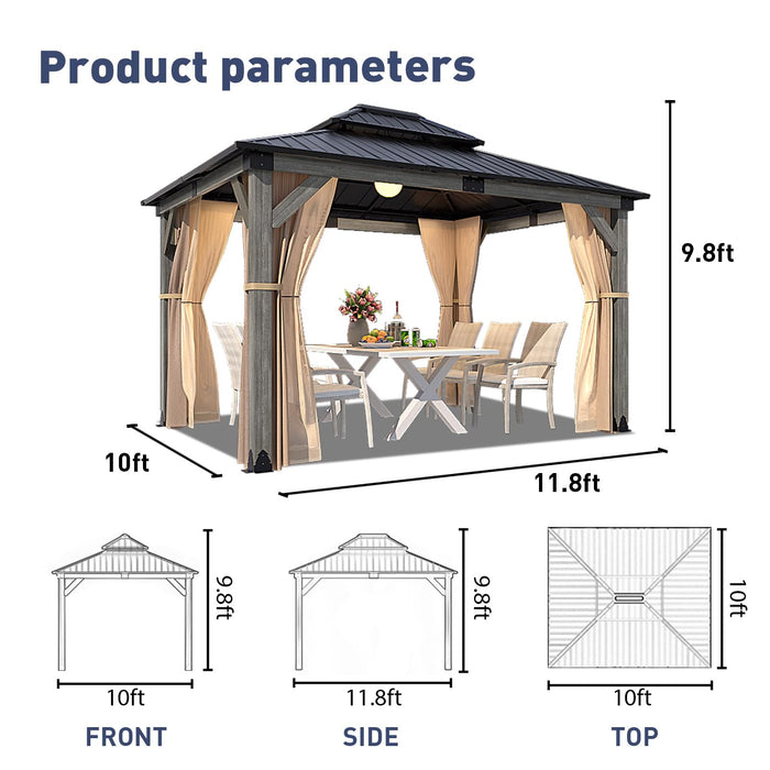 SUNBURY 10'x12' Outdoor Cedar Wood Gazebo, 2-Tier Metal Hardtop Wooden Frame Gazebo for Patio with Privacy Curtains and Mosquito Nettings for Gardens, Lawns, Backyard, Poolside (Grey Frame)