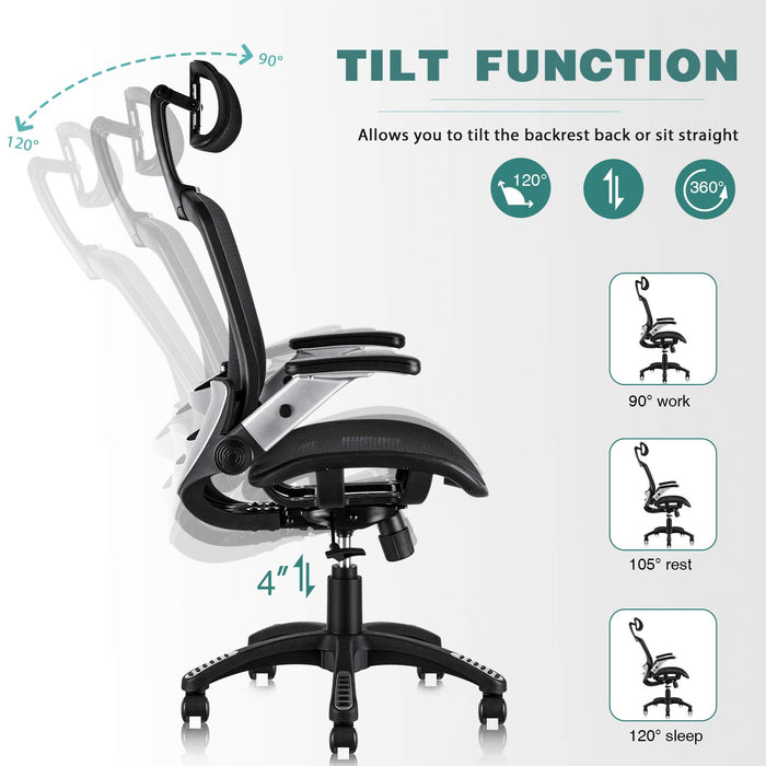 GABRYLLY Ergonomic Mesh Office Chair, High Back Desk Chair - Adjustable Headrest with Flip-Up Arms, Tilt Function, Lumbar Support and PU Wheels, Swivel Computer Task Chair