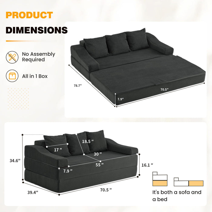 Fiona's magic 78.7" Convertible Futon Sofa Bed, Boneless Couch for Living Room 4-in-1 Corduroy Boneless Sleeper Sofa, Modular Sleeper Couch in a Box, Pull Out Couch No Assembly | Dark Gray