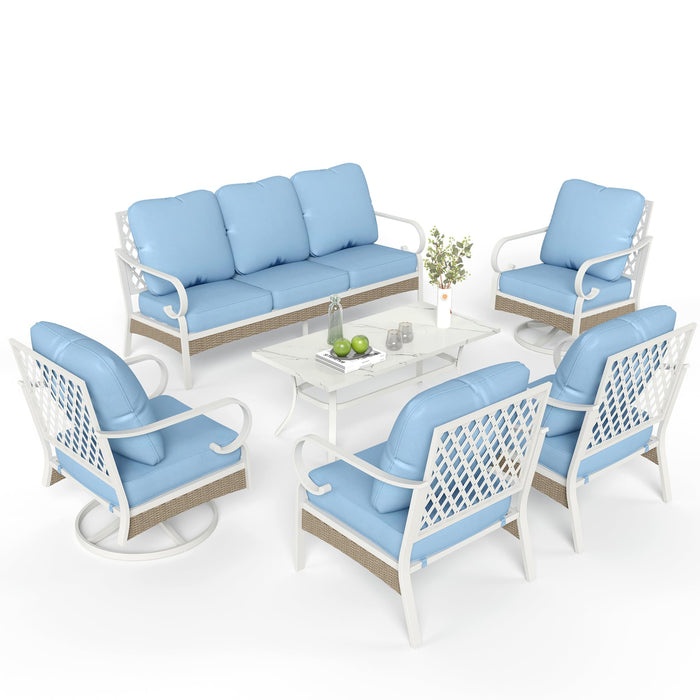 MIXPATIO 6 Piece Patio Furniture Set, 2 x Fixed Chair, 2 x Swivel Chair, 1 x 3-Seat Sofa with Marbling Coffee Table, All Cushioned 7 Seats Outdoor Conversation Set for Lawn Garden Backyard, Blue