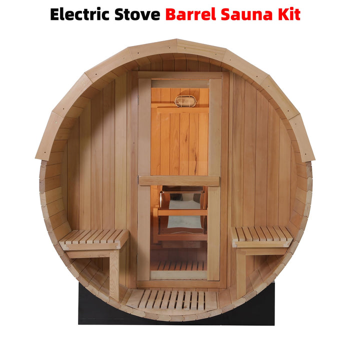 Benovo Customize Outdoor Barrel Sauna with Porch,Wood Burning Stove or Electric Stove,4-8 Person DIY Wooden Sauna Kit