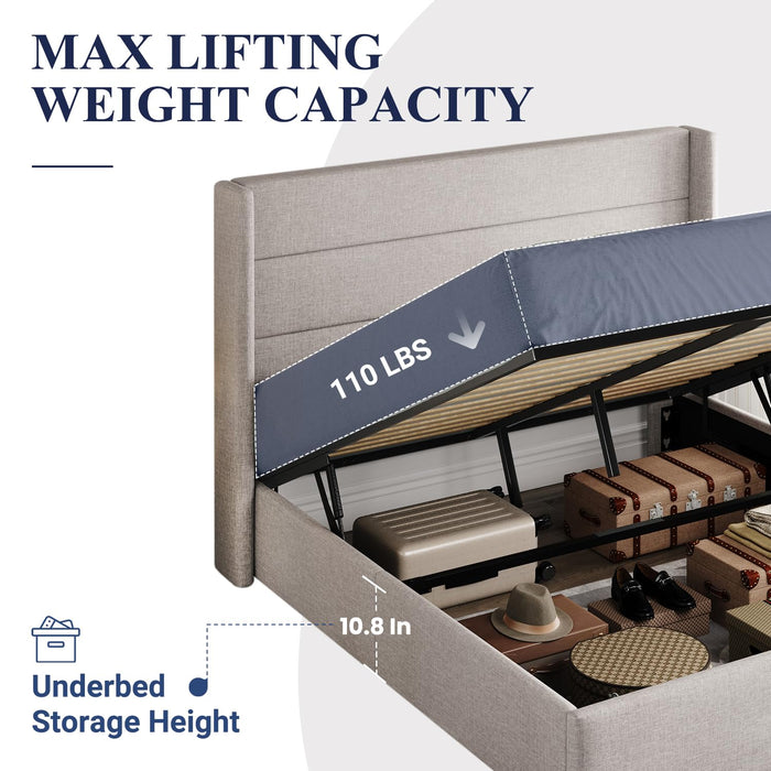 Allewie Full Size Lift Up Storage Bed, Modern Wingback Headboard, Hydraulic Support, No Box Spring Needed, Light Beige