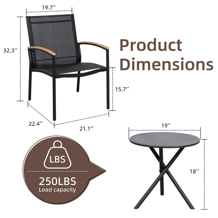 Shintenchi 3 Pieces Patio Bistro Sets, Outdoor Textilene Fabric Conversation Bistro Set, Textilene Fabric Front Porch Chairs Small Patio Furniture Set with Table for Lawn,Garden,Balcony (Black)