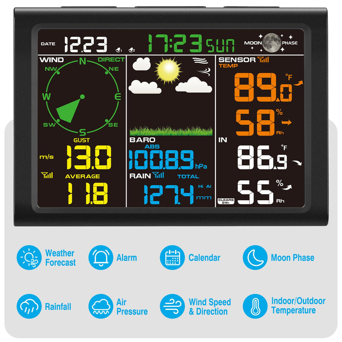 Sainlogic Wireless Weather Station with Outdoor Sensor, 8-in-1 Weather Station with Weather Forecast, Temperature, Air Pressure, Humidity, Wind Gauge, Rain Gauge, Moon Phrase, Alarm Clock (No WiFi)