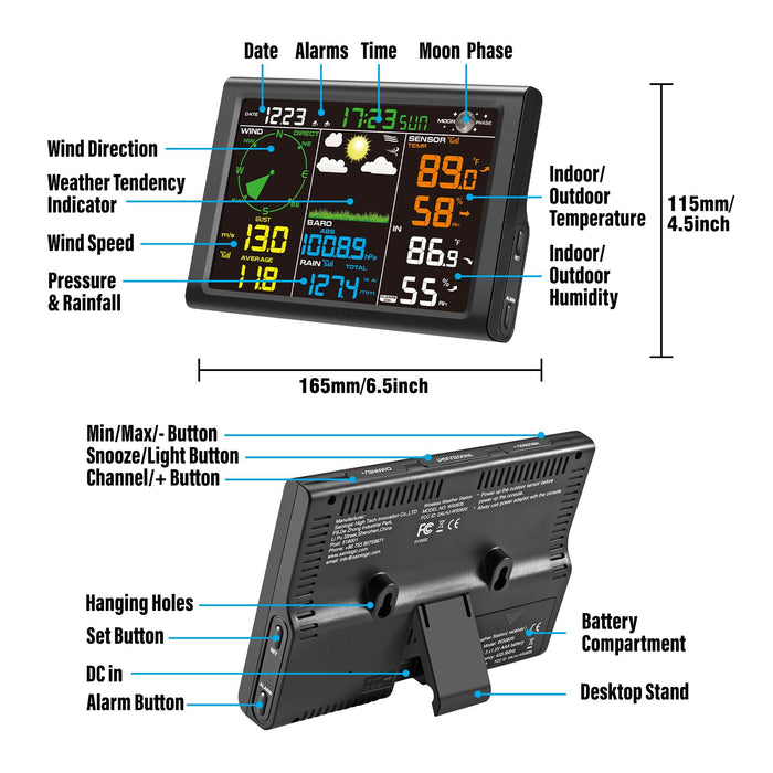 Sainlogic Wireless Weather Station with Outdoor Sensor, 8-in-1 Weather Station with Weather Forecast, Temperature, Air Pressure, Humidity, Wind Gauge, Rain Gauge, Moon Phrase, Alarm Clock (No WiFi)
