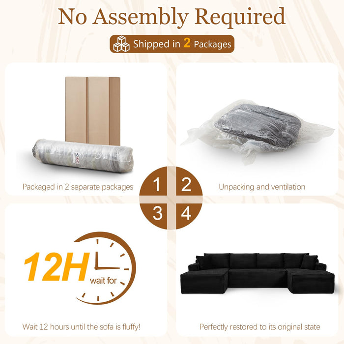 134 Inch Modular Sectional Sleeper Sofa, Boneless Cloud Couch for Living Room, U Shaped 5 Seat Sofa with 2 Storage Pockets& 2 Cup Holders, Free Combination, No Assembly Required (Black)