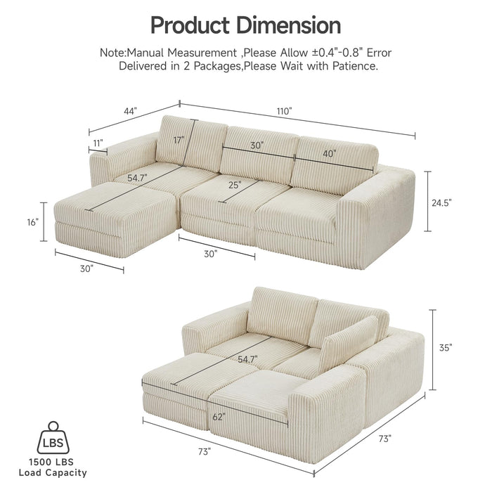 ONBRILL 110" Modular Sectional Sofa,L Shaped Couch 4 Seater with Sleeper Chaise,Upholstered Corduroy Couches for Living Room,Bedroom,No Assembly,Beige