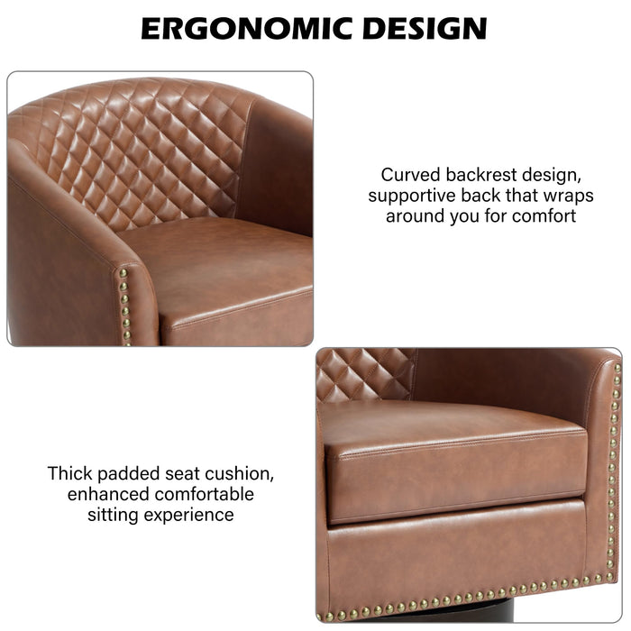 DREAMSIDEA Swivel Barrel Accent Chair, Comfy Modern Upholstered Round Faux Leather Arm Chair for Living Room, Bedroom（Brown, Set of 2