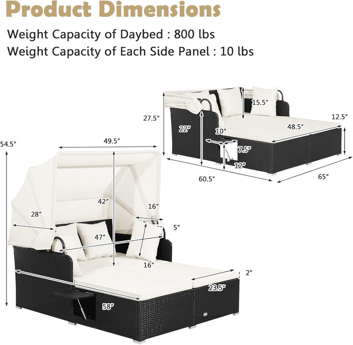 Tangkula Patio Rattan Daybed with Retractable Canopy, Outdoor Wicker Sunbed Lounger with 2 Foldable Side Tables, Thick Seat & Back Cushions, Double Daybed for Garden, Backyard, Porch (Off White)
