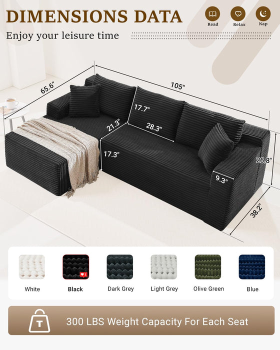 105 Inch Cloud Sectional Couch,Modern Modular Sectional Sofa with Deep Seat,Corduroy Boneless Couches with L-Shape Chaise for Living Room Bedroom,No Assembly Required (Black, Left Facing Chaise)