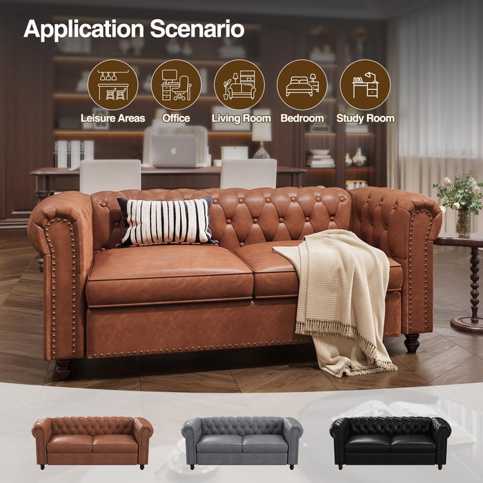FiveWillowise 72 Inch Brown Couch, Chesterfield Faux Leather Sofa with Wooden Legs, Vintage Tufted Sofa with Rolled Arms, Mid Century Modern Couch with Rivets for Living Room, Apartment, Office