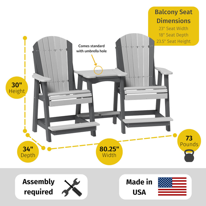 LuxCraft Poly Tete-a-Tete Patio Table and Counter Height Balcony Chairs with Umbrella Hole, Weatherproof Outdoor Patio Furniture Set for Outside - Amish Made in USA (Aruba Blue & White)