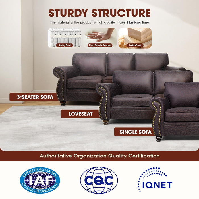 Couchus Living Room Furniture Sets,Sofa Sets and Couch Sets for Living Room,Mid-Century Vintage Sofa Couches with Rivet Design (Brown, Loveseat+3 Seater)