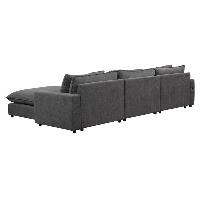 P PURLOVE L-Shape Sectional Sofa, Chenille Upholstered Sofa Couch with Movable Ottoman, Comfortable Seat Cushions, Charging Ports and 3 Back Pillows for Living Room, Apartment, Office (Grey)