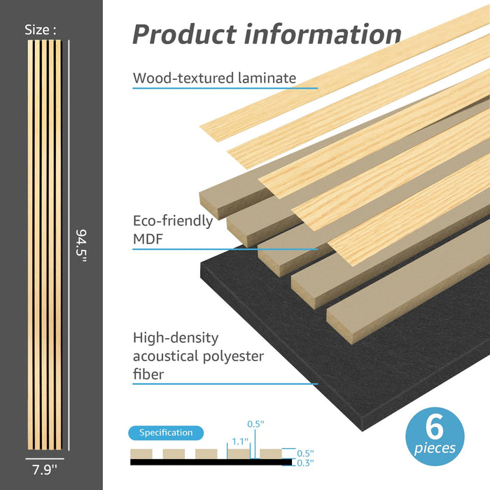 Art3d 6-Pack 3D Textured Soundproof Wood Slat Wall Panel, 94.5" x 7.9", Oak