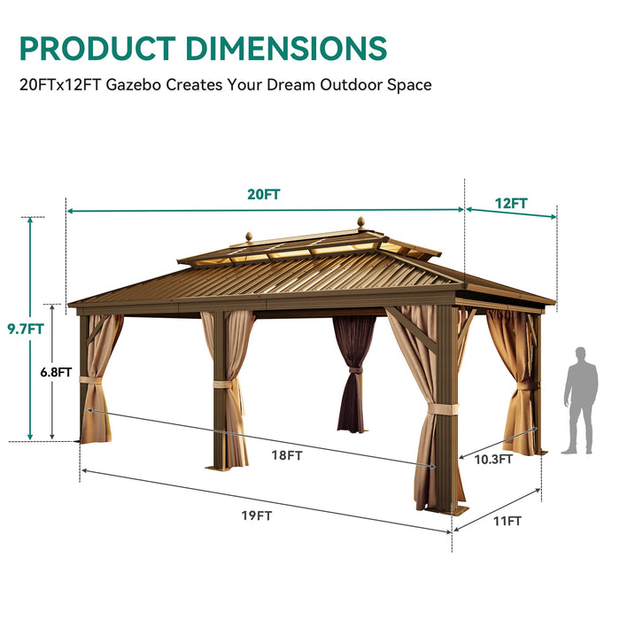 YITAHOME 12x20 ft Hardtop Gazebo with Nettings and Curtains, Outdoor Heavy Duty Aluminum Gazebo Combined of Horizontal and Vertical Stripes Roof for Patio, Backyard, Deck, Lawns and Balcony (Bronze)