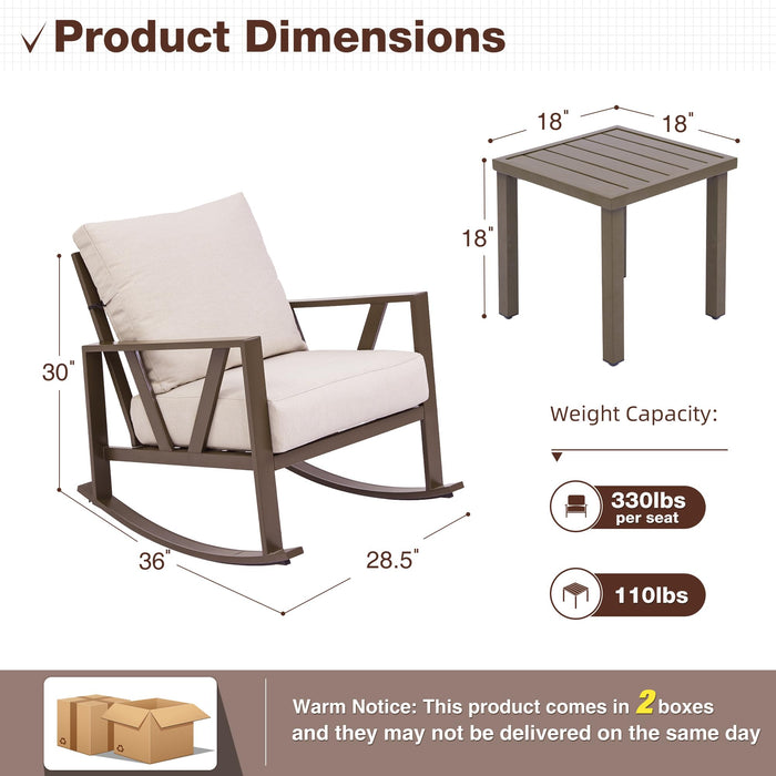 COMLAX FIELD Patio Porch Furniture Set, Outdoor Rocking Chairs Set of 2 with Coffee Table, 3 Piece Metal Outdoor Patio Bistro Conversation Set, Beige