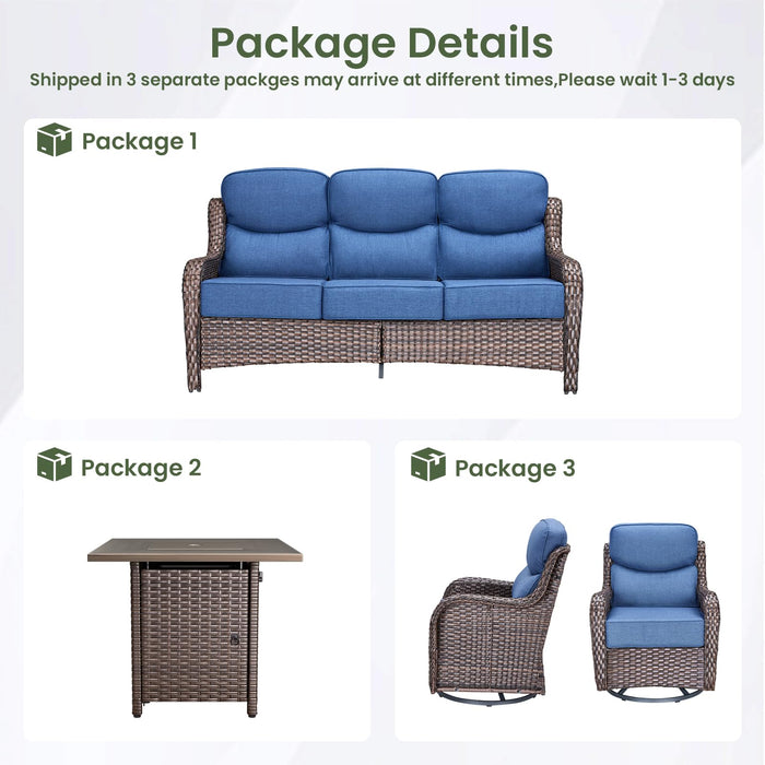 Luxury Patio Furniture Set with 6-inch Thick Cushion, Outdoor Furniture with Fire Pit Table, Swivel Chairs, Sofa, 4pcs Wicker Conversation Set for Deck Yard and Poolside(Brown Wicker | Blue Cushion)