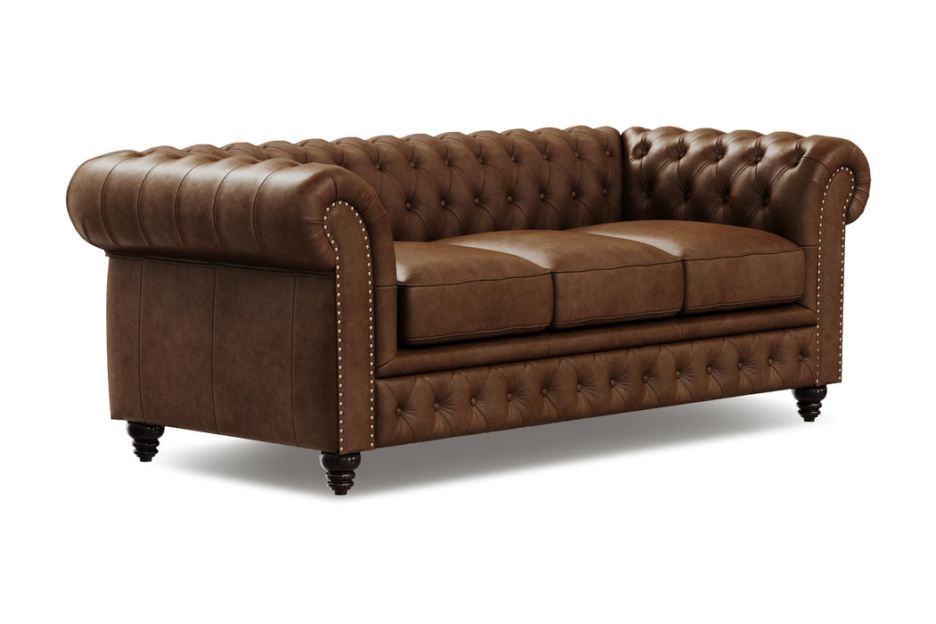 Valencia Parma Chesterfield 3 Seater Sofa 82" | Premium Full-Aniline Leather | Mid-Century Leather Couch with Classic Button Tufted Back, Wood Legs for Living Room, Chocolate