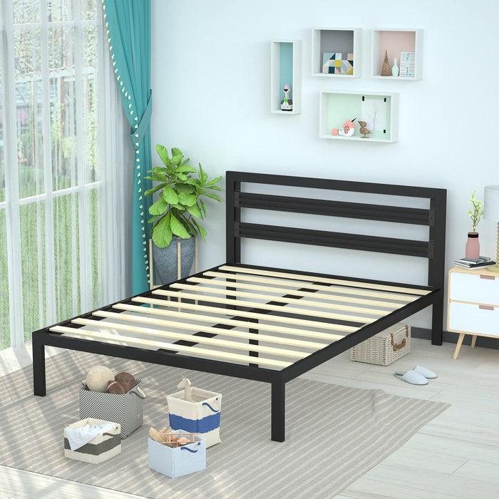 Amazon Basics Industrial Metal Bed Frame with Modern Headboard and Wood Slat Support, 14 Inches High, No Box Spring Needed, Noise-Free, Easy Assembly, Under Bed Storage, Queen Size, Black