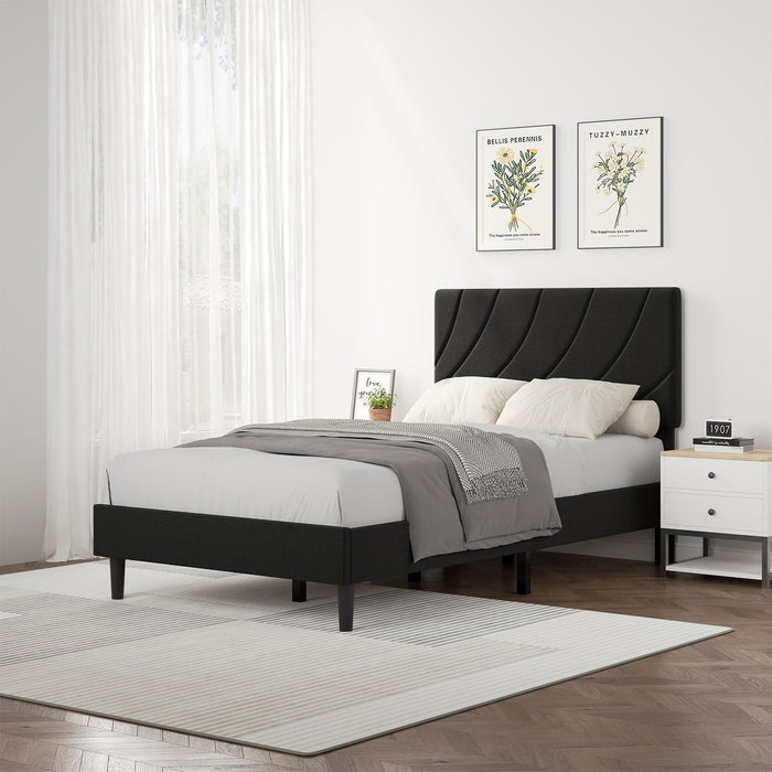 HOMBCK Twin Bed Frames, Upholstered Twin Bed Frame with Linen Fabric Headboard, Bed Frame Twin for Kids, Strong Wood Slat Support, No Box Spring Needed, Noise-Free, Easy Assembly, Black