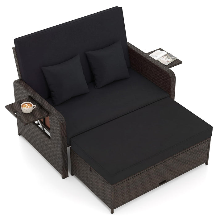 Tangkula Patio Rattan Daybed with 4-Level Adjustable Backrest, Outdoor PE Wicker Loveseat with Storage Ottoman & Folding Side Tray, Double Sunbed Lounger for Balcony, Backyard & Poolside, Black