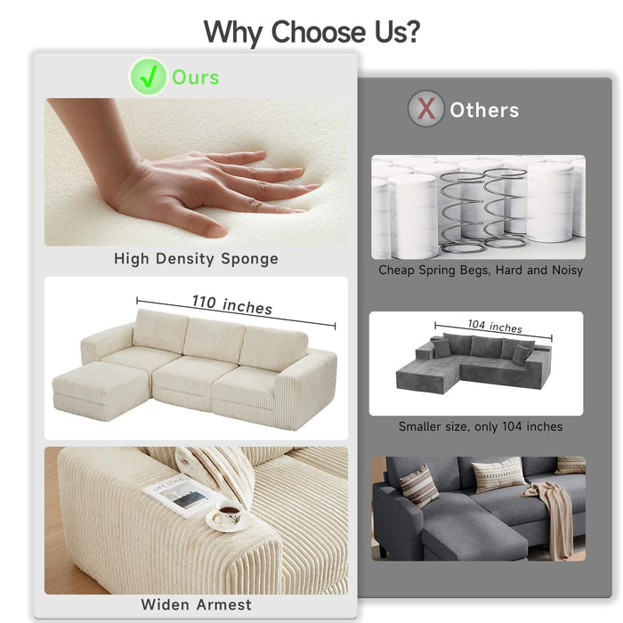 ONBRILL 110" Modular Sectional Sofa,L Shaped Couch 4 Seater with Sleeper Chaise,Upholstered Corduroy Couches for Living Room,Bedroom,No Assembly,Beige