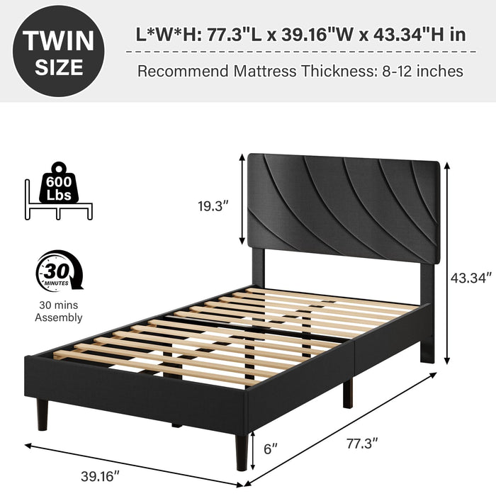 HOMBCK Twin Bed Frames, Upholstered Twin Bed Frame with Linen Fabric Headboard, Bed Frame Twin for Kids, Strong Wood Slat Support, No Box Spring Needed, Noise-Free, Easy Assembly, Black