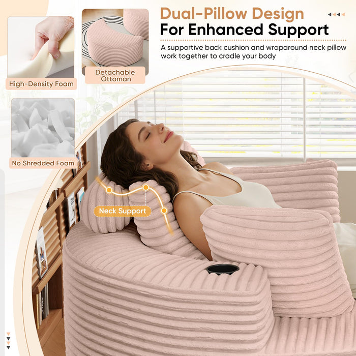 Oversized Round Chaise Longue Chair with Ottoman, Modern Corduroy Deep Seat Circle Single Cloud Boneless Floor Accent Chair w/Cup Holders for Living Room, Bedroom Apartment, 55" W * 74.6" D, Pink