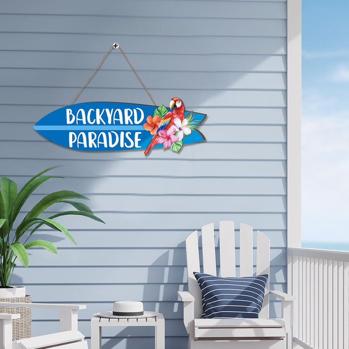 Memorywuu Wooden Backyard Paradise Sign Surfboard Wall Hanging Sign Wooden Hanging Decorative Art for Yard Garage Bar Tiki Wall Home Party Summer Decor Gift, 5 x 16 Inches