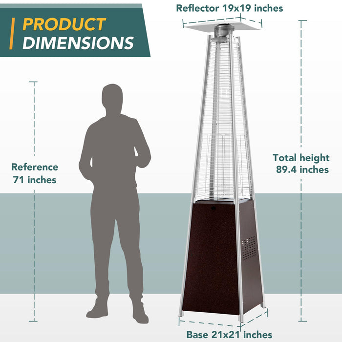 Pamapic 89" 48,000 BTU Pyramid Patio Heater Outdoor, Propane Flame Tower with Quartz Glass Tube, Outdoor Heaters with Wheels & Cover for Deck, Porch, Backyard, Garden, Hammered Bronze