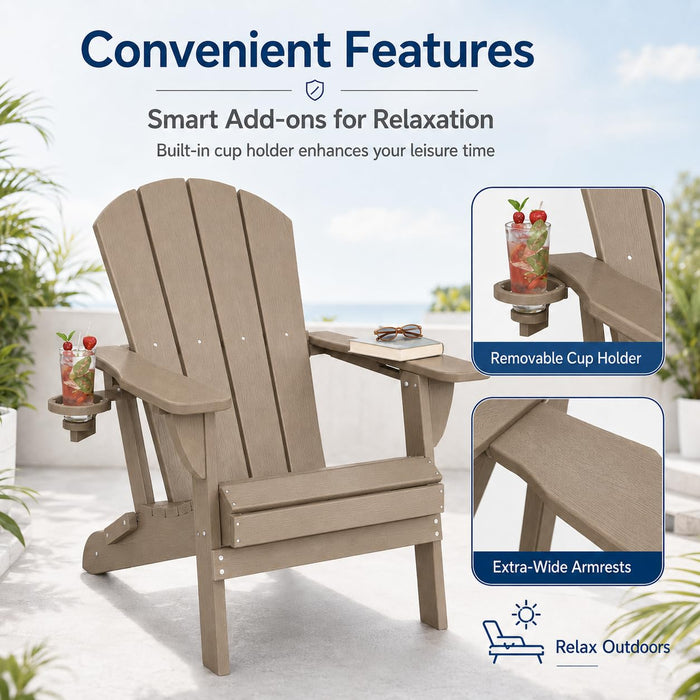 Patio Kingdom Folding Adirondack Chairs Set of 6 with Cup Holders, Heavy Duty HDPE Plastic Outdoor Chairs, Weather Resistant Heavyweight Patio Furniture Set for Deck, Fire Pit, Backyard, Brown