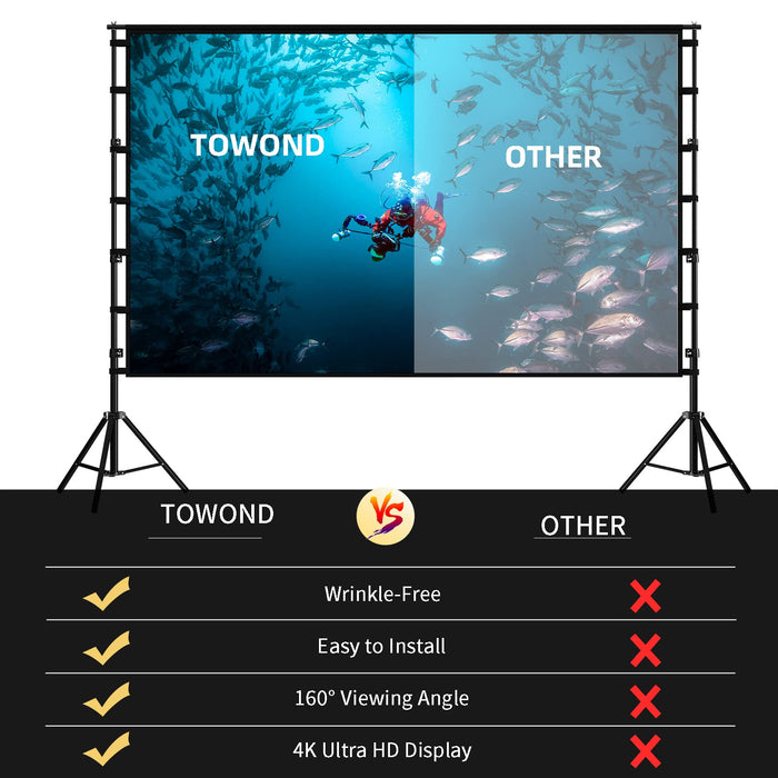 TOWOND Projector Screen and Stand, 150 inch Indoor Outdoor Projection Screen, Portable 16:9 4K HD Rear Front Movie Screen with Carry Bag Wrinkle-Free Design for Home Theater Backyard Cinema