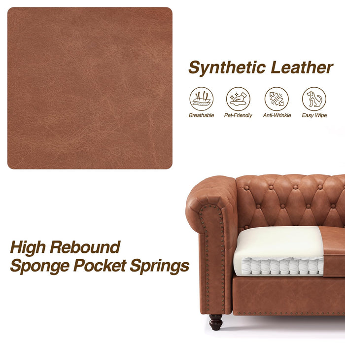 FiveWillowise 72 Inch Brown Couch, Chesterfield Faux Leather Sofa with Wooden Legs, Vintage Tufted Sofa with Rolled Arms, Mid Century Modern Couch with Rivets for Living Room, Apartment, Office
