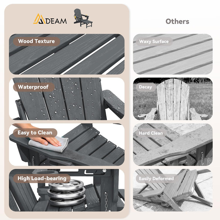 Mdeam 3-Position Adjustable Folding Adirondack Chair, 20" W | 400LBS Capacity, Retractable Ottoman, Dual Cup Holders, Wood-Like HDPE Outdoor Patio Lounge Recliner Fire Pit Chairs for Porch Deck, Grey