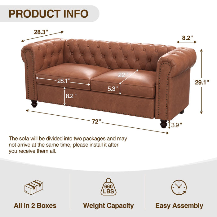 FiveWillowise 72 Inch Brown Couch, Chesterfield Faux Leather Sofa with Wooden Legs, Vintage Tufted Sofa with Rolled Arms, Mid Century Modern Couch with Rivets for Living Room, Apartment, Office