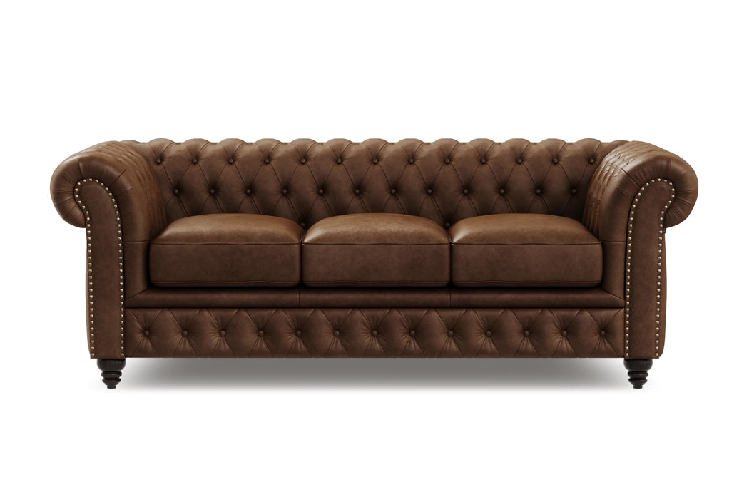 Valencia Parma Chesterfield 3 Seater Sofa 82" | Premium Full-Aniline Leather | Mid-Century Leather Couch with Classic Button Tufted Back, Wood Legs for Living Room, Chocolate