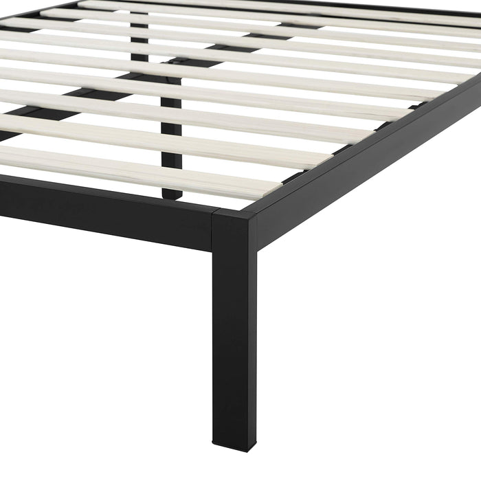 Amazon Basics Industrial Metal Bed Frame with Modern Headboard and Wood Slat Support, 14 Inches High, No Box Spring Needed, Noise-Free, Easy Assembly, Under Bed Storage, Queen Size, Black