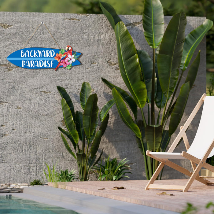 Memorywuu Wooden Backyard Paradise Sign Surfboard Wall Hanging Sign Wooden Hanging Decorative Art for Yard Garage Bar Tiki Wall Home Party Summer Decor Gift, 5 x 16 Inches