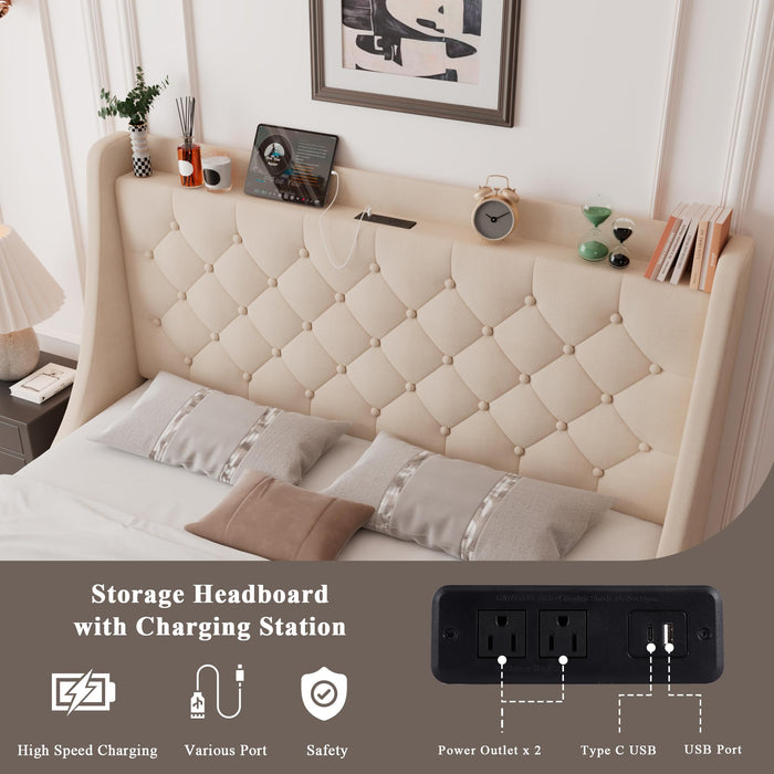 Feonase Upholstered Full Size Bed Frame with 4 Storage Drawers, Charging Station and Tufted Wingback Storage Headboard, No Box Spring Needed, Easy Assembly, Beige