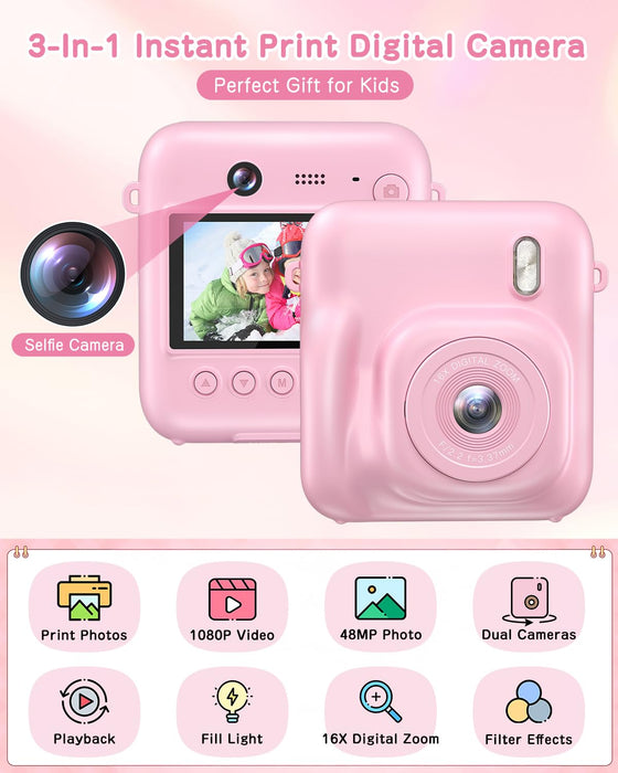 Kids Camera Instant Print, 48MP Selfie Digital Camera for Kids Christmas Birthday Gifts, 1080P Instant Print Cameras with Print Paper, 32GB Card, Toddle Toy for 4 5 6 7 8 9 Year Old Boys Girls-Pink