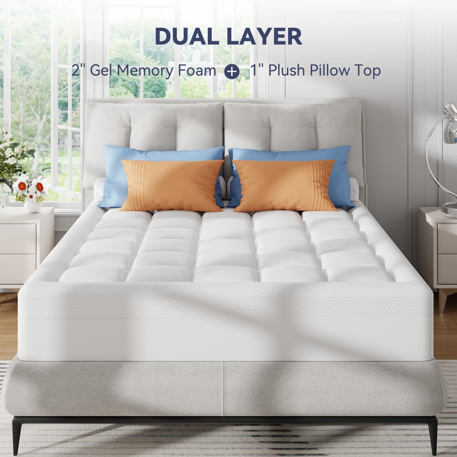 ELEMUSE 3-Inch Queen Memory Foam Mattress Topper - Dual Layer Cooling Gel & Bamboo Cover For Ultimate Comfort