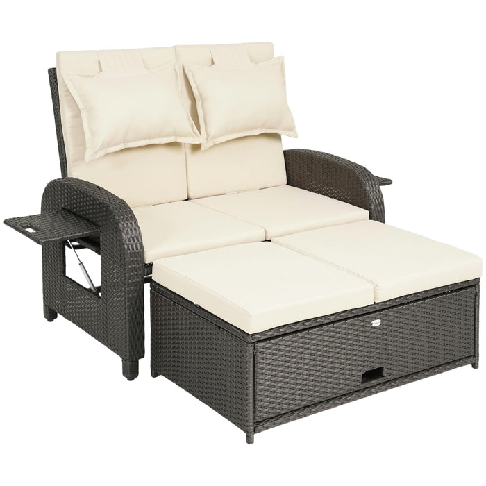 Outsunny Patio Rattan Daybed, Wicker Outdoor Daybed with Storage Ottoman, Loveseat Sofa with Adjustable Backrest, Side Tables, Cushions, Headrests, Double Sunbed Lounger for Balcony, Beige