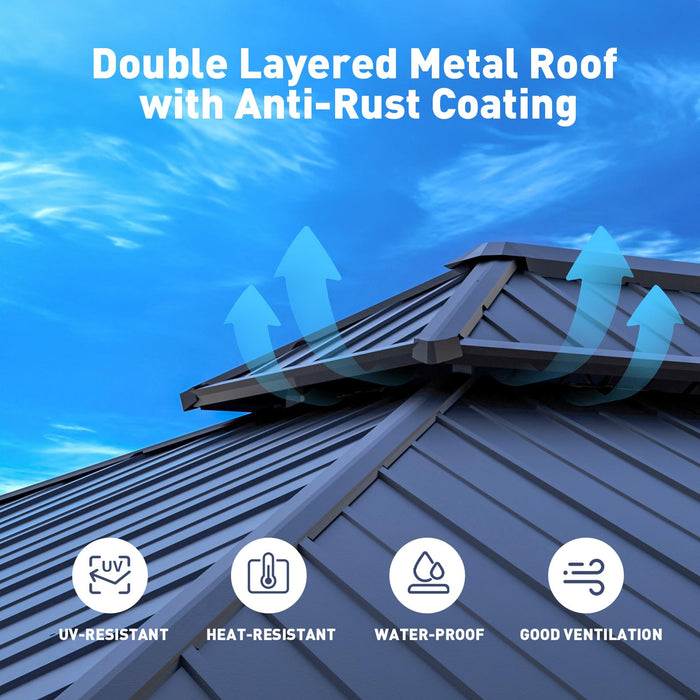 SUNBURY 10'x12' Outdoor Cedar Wood Gazebo, 2-Tier Metal Hardtop Wooden Frame Gazebo for Patio with Privacy Curtains and Mosquito Nettings for Gardens, Lawns, Backyard, Poolside (Grey Frame)