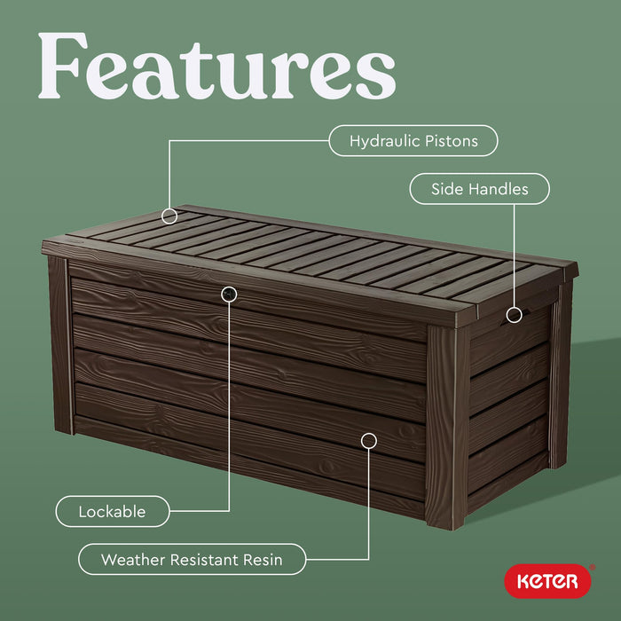 Keter Westwood 150 Gallon Deck Box Organizer, Doubles as 2-Person Bench Seat, Brown – Large Resin Outdoor Storage and Seating with Lockable Lid for Garden, Pool, and Patio
