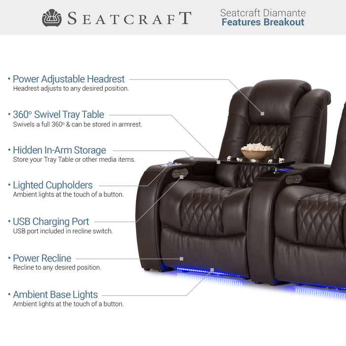 Seatcraft Diamante - Home Theater Seating - Living Room - Power Recline - Italian Leather - Powered Headrests - Cupholders - USB Charging - Ambient Lighting - Arm Storage, Row of 4, Brown