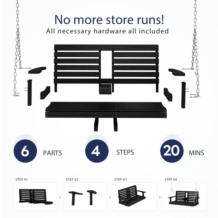 KINGYES Outdoor Hanging Porch Swing, 2 Seat Patio Swing Recliner with Cup Holders, Waterproof Swing Recliner Bench for Courtyard & Garden, 660LBS Weight Capacity, Black