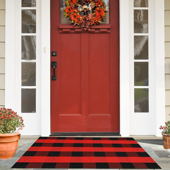 SEEKSEE Cotton Buffalo Plaid Rug 27.5"x43" Black and Red Checked Rug Washable Doormats Indoor Outdoor Rugs for Layered Front Door Mats, Porch, Kitchen, Farmhouse, Entryway