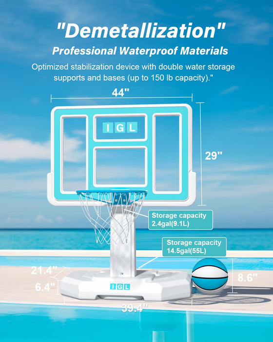 IGL Pool Basketball Hoop Outdoor, 44 Inch Outdoor Poolside Basketball Hoop, Base & Stand Double Water Storage with 2 Ball & Inflator, 18in Stainless Steel Basketball Rim, Fixed Height (44in Backboard)