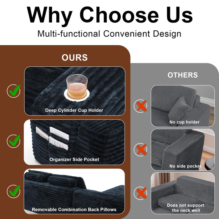 Cloud Sectional Couch with L-Shape Chaise, Modern Modular Sofa with Deep Seat, Built-in Cup Holder & Storage Pocket for Living Room Bedroom, No Assembly Required (Black, Right Sitting Chaise)